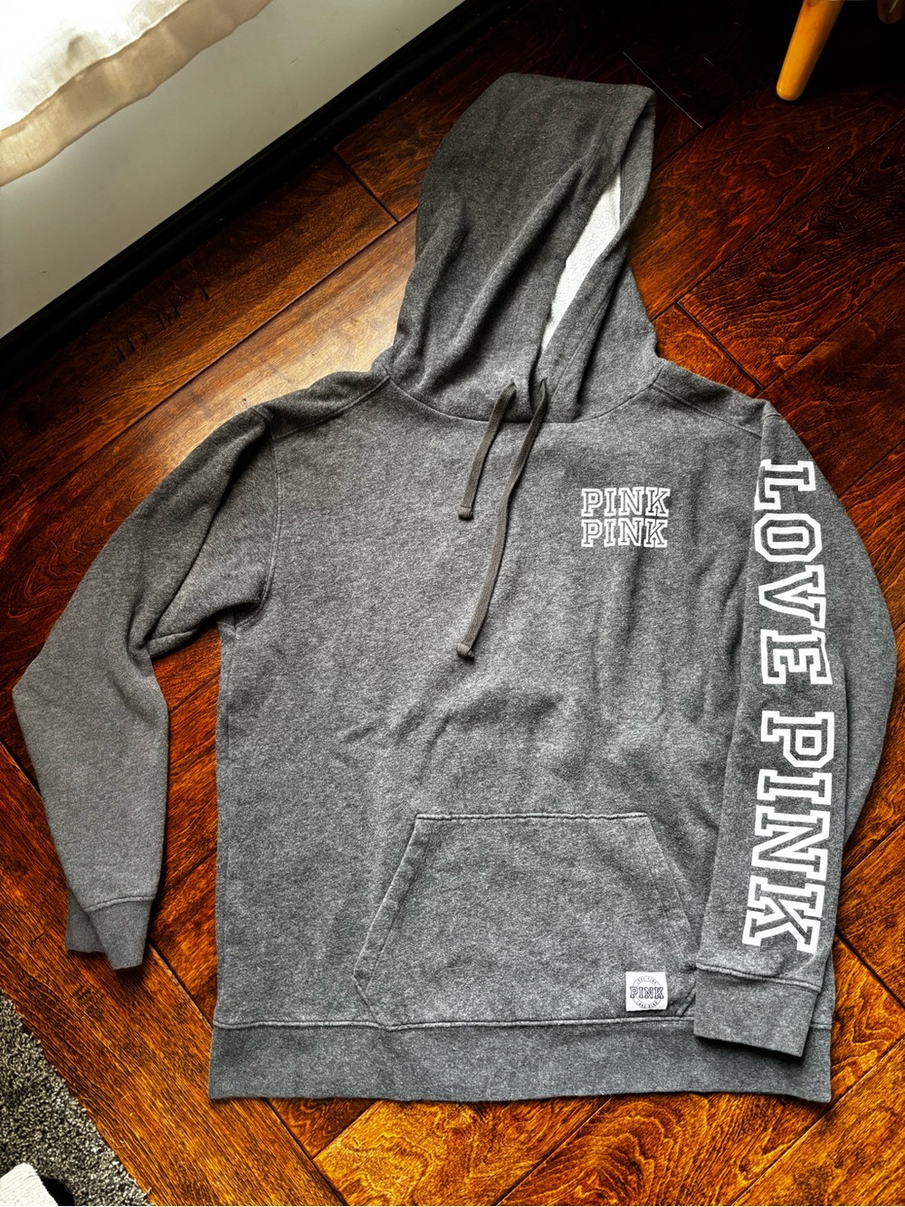 PINK Victoria's Secret Charcoal Gray Hooded Sweatshirt with Sleeve 'LOVE PINK'
